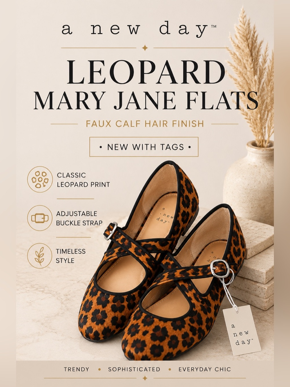 A New Day Leopard Print Mary Jane Flats Fuzzy Velvet Size 6/10/11 NWT